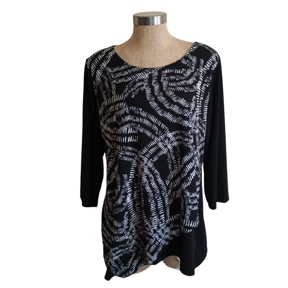 Chicos Travelers Womens Sz 2 (Lrg) Blouse Black White 3/4 Sleeve Stretch